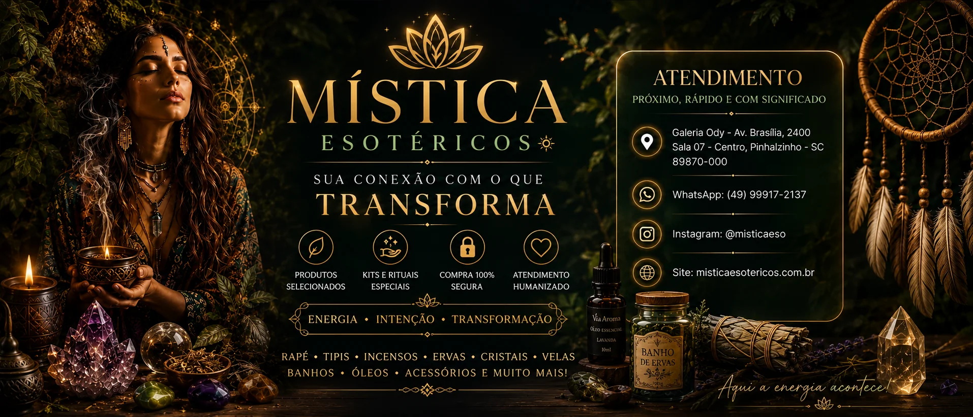 Mística Esotéricos — cristais, incensos, velas e rituais em ambiente místico